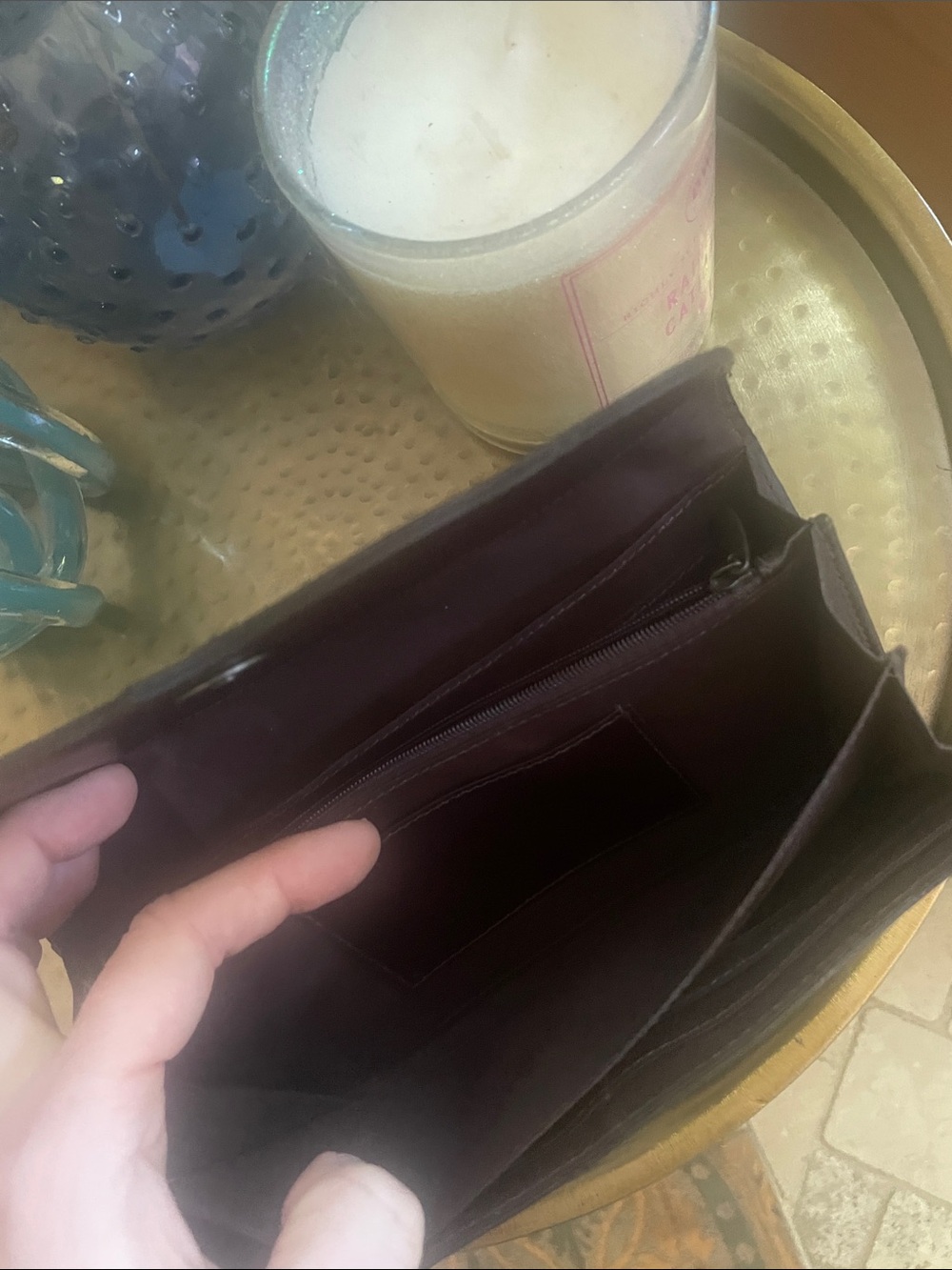 Leather Pony Fur Clutch Wallet Purse Brown Turquoise Accent Beautiful - Picture 10 of 16